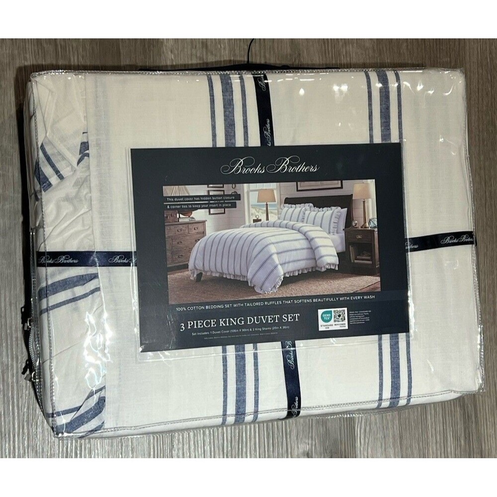 Brooks Brothers White Blue Striped Cotton Ruffled 3 Pc King Duvet Set New